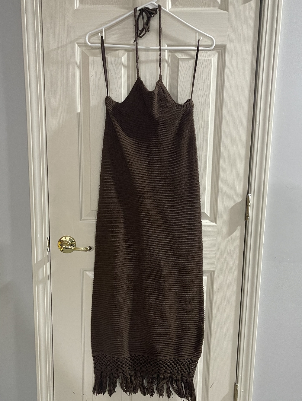 Lauren Ralph Lauren Vintage Y2K Brown Crochet Knit Halter Cotton Midi Dress Med
